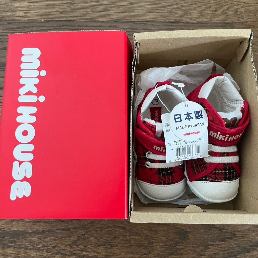 Mikihouse First Walker Shoe NEW W TAG, Plaid red.